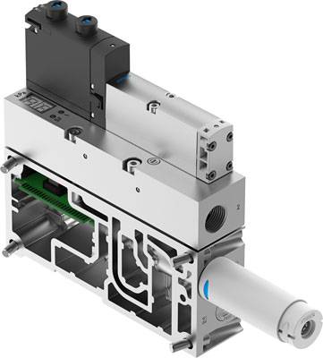 Ein elektronisches Pneumatikventil mit einer grauen metallischen Oberfläche und mehreren Anschlüssen und Anschlusspunkten.