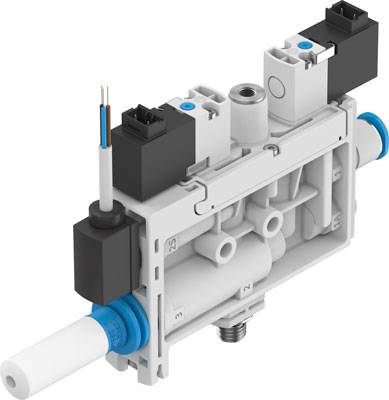 Ein weißes, rechteckiges Elektromagnet-Ventil mit blauen und schwarzen Komponenten, zeigt Details wie Rohre und Anschlüsse.