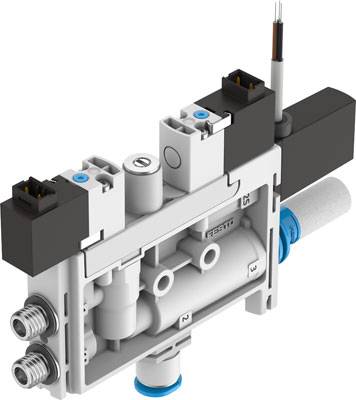 Ein Ventilblock mit mehreren Anschlüssen und Komponenten, wahrscheinlich Teil eines industriellen Pneumatiksystems.