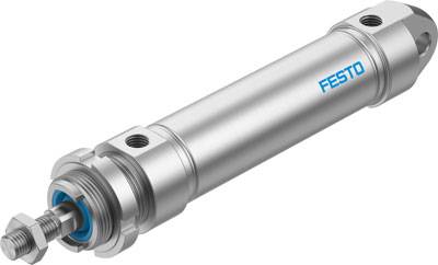Ein pneumatischer Zylinder aus Metall mit dem Logo 'Festo', bestehend aus einem Kolben und einer Befestigungsmutter.