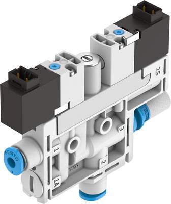 Ein elektropneumatisches Ventil mit blauen und schwarzen Anschlüssen, für präzise Steuerung in automatisierten Systemen.