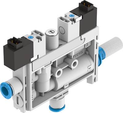 Ein pneumatisches Ventil von Festo, hauptsächlich weiß mit blauen Akzenten, ausgestattet mit zwei schwarzen elektrischen Anschlüssen.