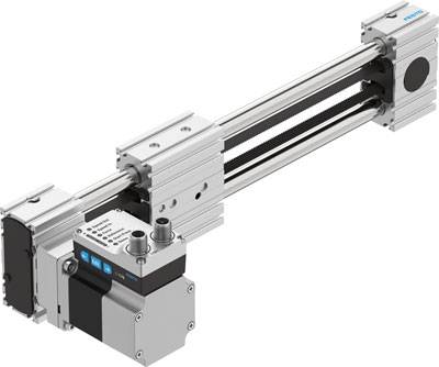Ein elektrischer Linearantrieb mit zwei Schienen und einem rechteckigen Schlitten in silbernem Design. Ideal für präzise Bewegungen.