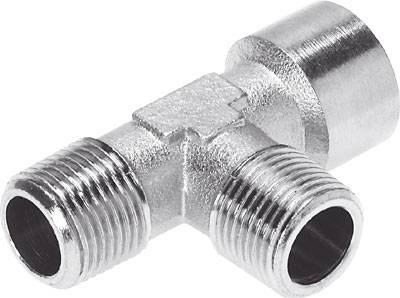 Metallisches T-Stück-Rohrverbinder mit drei Anschlüssen; zwei horizontale und ein vertikaler Anschluss für den Anschluss mehrerer Rohre.