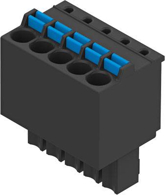 Fünfpoliger Steckverbinder, rechteckig mit blauen Clips an der Oberseite, zur Verbindung elektrischer Drähte geeignet.