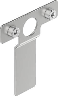 Metallplatte mit zwei Schrauben oben und einer kreisförmigen Aussparung in der Mitte.