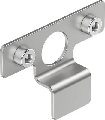Metallbauteil mit zwei Schrauben und Loch in der Mitte, verwendet zur Befestigung oder Halterung von Objekten in technischen Anwendungen.