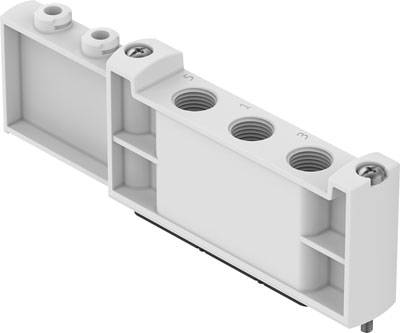 Weiße rechteckige Kunststoffverbindung mit mehreren runden Stecköffnungen und zwei Schrauben zur Befestigung.