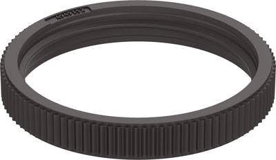 Schwarzer, geriffelter Kunststoffring, möglicherweise ein Kameraobjektiv-Adapterring, ohne sichtbare Logos oder Markierungen.