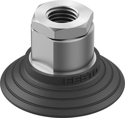 Vakuumsauger von Festo mit hexagonalem Anschluss und Riffelungen an der Basis, geeignet zur Befestigung an Maschinen oder Oberflächen.