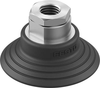Industrieroboter-Saugnapf in Schwarz und Silber, mit geriffeltem Rand und einem zentralen Metallgewinde, 'Festo' Aufdruck.