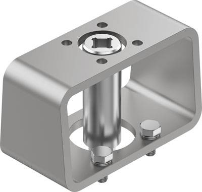 Silbernes, metallisches Maschinenteil mit rechteckiger Struktur und rundem mittelmäßigen Bolzen, befestigt mit zwei Schrauben.