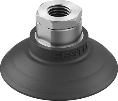 Industrieroboter-Vakuumsauger aus schwarzem Gummi und Metall, mit Festo-Logo auf der Seite, zur sicheren Handhabung von Objekten.