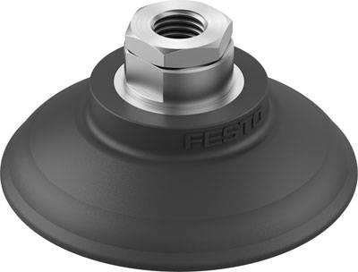 Schwarzer Sauggreifer mit silbernem Schraubgewinde, gekennzeichnet mit 'Festo', auf weißem Hintergrund.