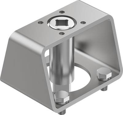 Metallhalterung mit quadratischer Basis und zentralem Rohr, befestigt mit zwei Schrauben an der Basis. Geeignet für industrielle Anwendungen.