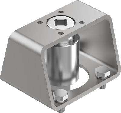 Metallische Halterung mit einem zentralen Zylinder, umgeben von einem rechteckigen Rahmen. Zwei Schrauben fixieren die Basis.