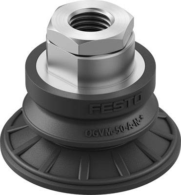 Ein runder, grauer Festo Sauggreifer mit hexagonaler Anschlussmutter. Geeignet zum Anheben von Objekten in industriellen Anwendungen.