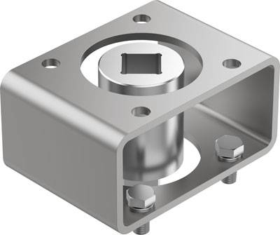 Metallischer Befestigungswinkel mit quadratischem Zapfen, umgeben von einer rechteckigen Halterung mit vier Schraubenlöchern.