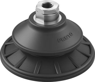 Ein schwarzer Saugnapf mit metallischem Anschluss, gekennzeichnet mit 'FESTO', für industrielle Anwendungen oder Maschinenmontage.