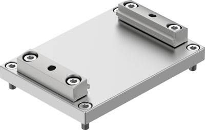 Metallplatte mit vier Schrauben an den Ecken und zwei erhöhten Halterungen in der Mitte; mechanisches Bauteil.