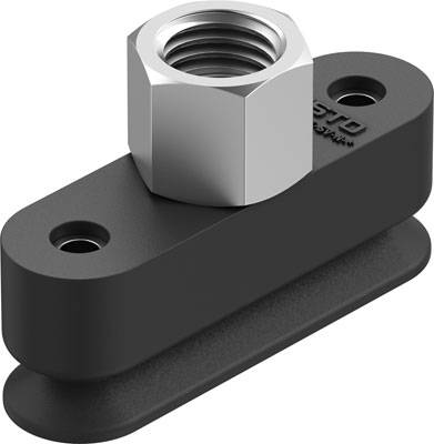 Ein schwarzes Kunststoffteil mit Metall-Gewindeeinsatz, zwei Montagelöchern. Verwendbar zur Befestigung in mechanischen Konstruktionen.