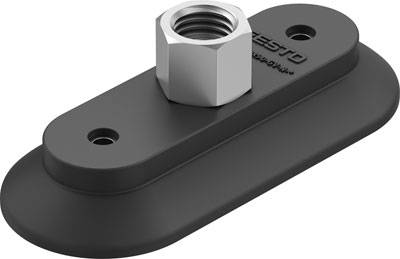 Ein rechteckiger Saugheber aus schwarzem Material mit einer montierten silbernen Sechskantmutter.