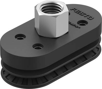 Schwarzes Bauteil mit drei Löchern und einer Metallmutter an der Oberseite. Möglicherweise ein technisches Geräteteil oder Zubehör.