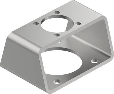 Metallteil mit rechteckiger Basis und zwei kreisförmigen Aussparungen, möglicherweise ein Montageelement.