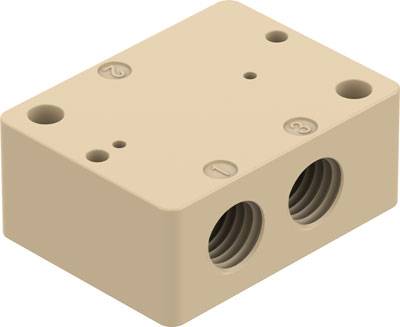 Beige Block mit zwei runden Löchern und nummerierter Aufschrift (1, 2, 3) auf der Oberfläche.