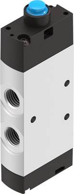 Ventil mit schwarzem Gehäuse und blauer Kappe oben, zwei sichtbare Anschlüsse seitlich. Verwendet für pneumatische Steuerung.