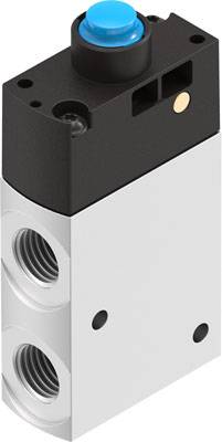 Ein rechteckiges Bauteil mit zwei Metallanschlüssen auf der linken Seite und einem blauen Knopf oben. Es ist für pneumatische Anwendungen geeignet.