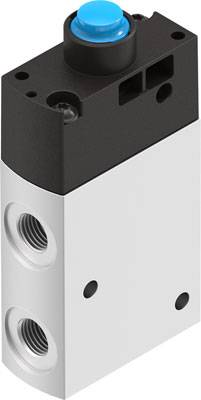 Ein rechteckiges pneumatisches Ventil mit einem blauen Druckknopf oben. Es hat zwei Anschlüsse an der Seite und ist schwarz-weiß.