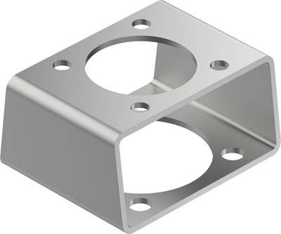 Ein silbernes, rechteckiges Metallbauteil mit zwei großen kreisförmigen Ausschnitten und vier kleineren Löchern an den Ecken.
