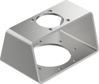 Metallwinkel mit Schraublöchern und zwei großen runden Öffnungen auf der Ober- und Unterseite, vermutlich Teil eines Montage-Systems.