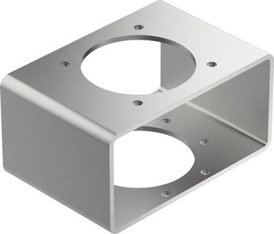 Metallhalterung mit rechteckiger Form, zwei runde Öffnungen an den gegenüberliegenden Flächen, mehrere Bohrlöcher für Schrauben.