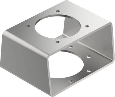 Metallhalterung mit rechteckiger Form und zwei runden Aussparungen. Verwendet für mechanische Befestigungen oder Montagezwecke.