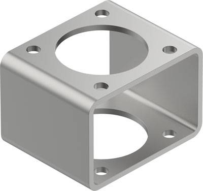 Ein quadratisches Metallstück mit runden Löchern und abgeschrägten Kanten, verwendet zur Befestigung oder Konstruktion.