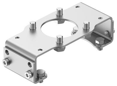 Metallwinkelhalterung mit mehreren Schraubenlöchern und Befestigungsschrauben, geeignet zur Montage von mechanischen Komponenten.