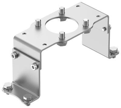 Metallhalterung mit mehreren Schrauben und einem zentralen Loch, geeignet für die Montage oder Befestigung technischer Komponenten.