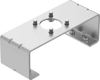 Metallhalterung mit fünf Bolzen oben zur Befestigung. Rechteckige Öffnung in der Mitte. Seiten sind nach unten gebogen.