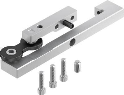 Ein silbernes Metallverriegelungssystem mit vier Schrauben. Es zeigt eine Halterung mit beweglichem Hebel zur Befestigung oder Sicherung.