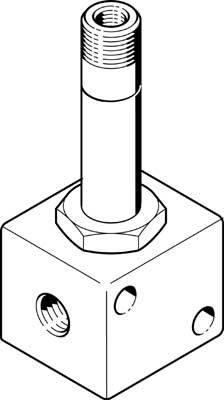 Würfelförmiges Maschinenteil mit herausragendem, schraubengewindeartigem Zylinder oben. Mehrere Öffnungen an den Seiten.