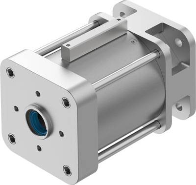 Ein silberfarbener pneumatischer Zylinder mit rechteckiger Grundplatte und sichtbaren Befestigungspunkten, geeignet für industrielle Anwendungen.
