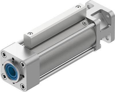 Zylinder aus Metall mit blauer Öffnung links und montierter Halterung rechts, häufig genutzt in Maschinenbauanwendungen.