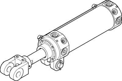 Strichzeichnung eines Hydraulikzylinders mit Befestigungspunkten an beiden Enden, typisches Bauteil in Maschinenbau und Industrie.