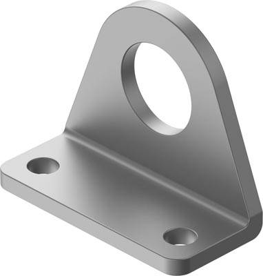 Ein graues, rechteckiges Metallwinkelstück mit zwei Schraubenlöchern und einer großen, runden Aussparung an der vertikalen Fläche.