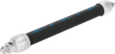 Schwarzer Pneumatikzylinder mit silbernen Enden, geeignet für industrielle Anwendungen. Aufschrift 'Festo' in Blau entlang der Einheit.