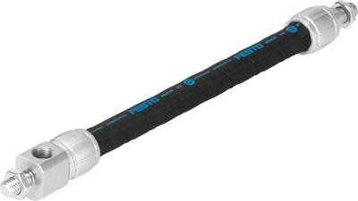 Hydraulikschlauch mit Edelstahlanschlüssen an beiden Enden, schwarzer flexibler Schlauch mit blauen 'Festo'-Markierungen entlang der Länge.