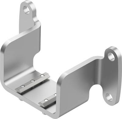 Metallhalterung mit zwei Bohrungen an jeder Seite, geeignet zur Befestigung an einer Oberfläche. Gerundet und stabil für sicheren Halt.