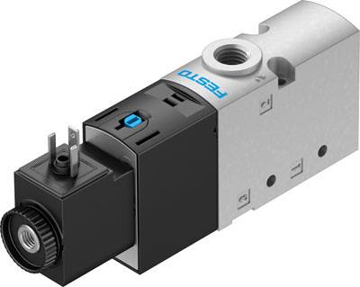 Elektromagnetventil von Festo mit Anschlüssen und schwarzem Gehäuse; verwendet zur Steuerung von Luft- oder Gasströmen in Automatisierungssystemen.